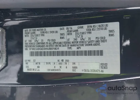 2017 Ford Escape Se z USA, uszkodzony, nr VIN 1FMCU0GD3HUB51831